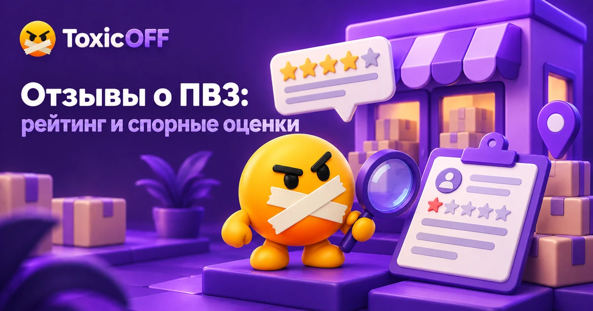 Маскот ToxicOFF проверяет отзывы возле миниатюрного пункта выдачи