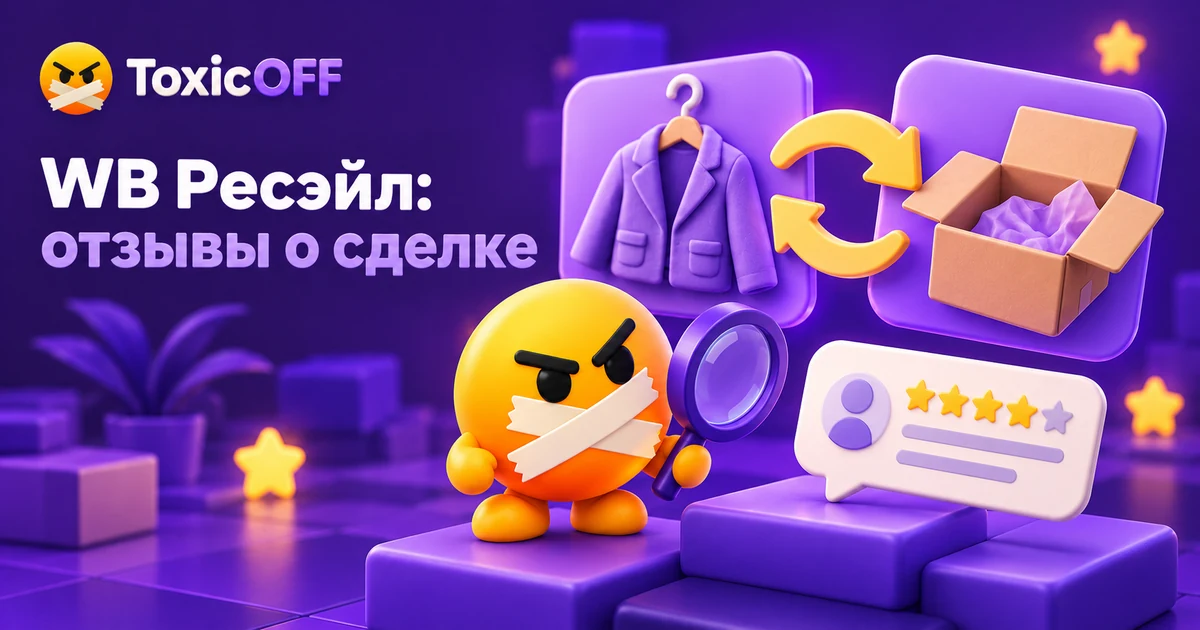 Маскот ToxicOFF проверяет отзыв о сделке Ресэйл рядом с обменом и посылкой